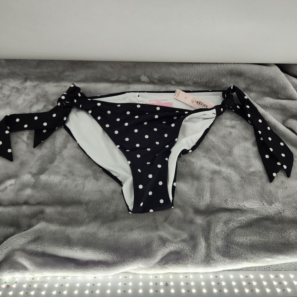 Victoria's Secret Medium Black Polka Dot Bow Tie Side Bikini Bottom NWT